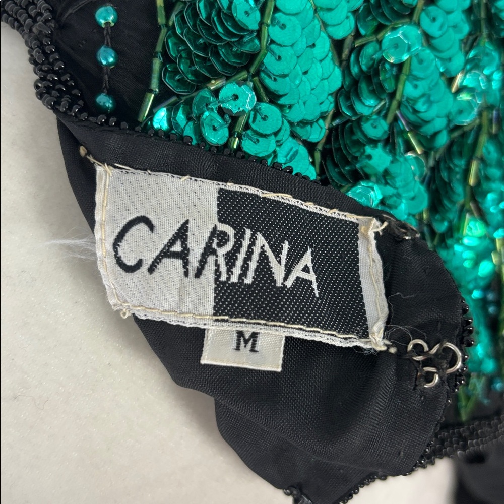 Vintage Carina Black Green Sequin Beaded Dress Size Medium 100% Silk Formal Sz M - Picture 11 of 15